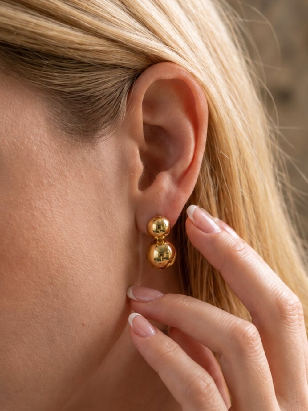 18K Gold Plated Double Ball Drop Stud Earrings Sculptural Old Money 0.8"